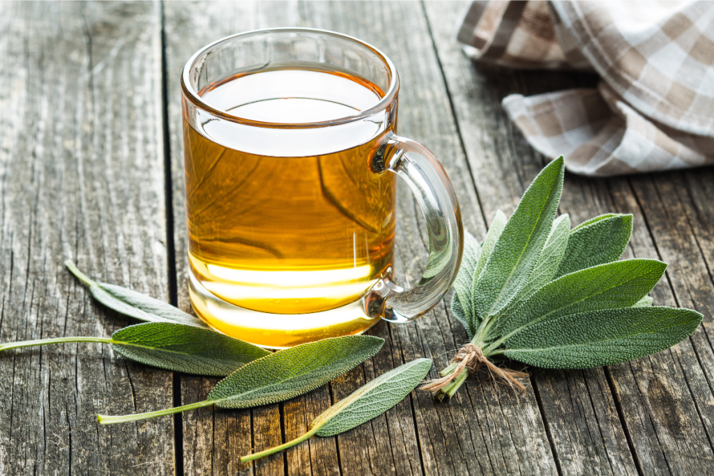 Sage leaves steeping in Moroccan teapot for digestive health